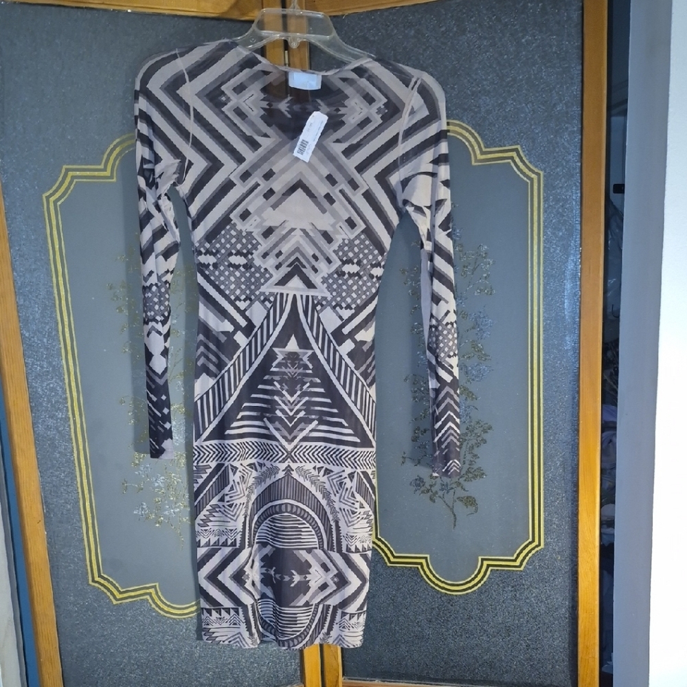 Brown, Cream And Tan Monochrome Geometric Long Sleeve Dress - Picture 3 of 5